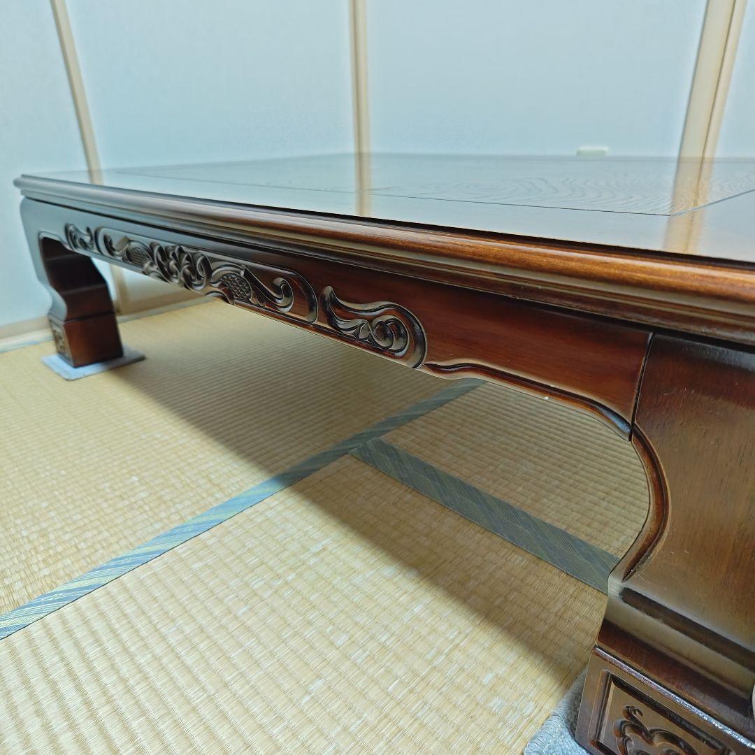 木製座卓(電気こたつ機能有り )ダークブラウン 彫刻装飾(0360)