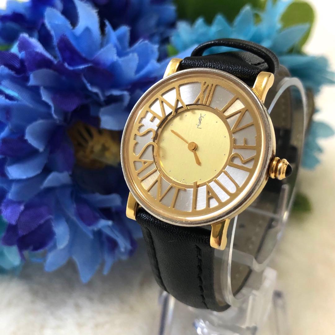 【美品】イヴ・サンローラン　ラウンド　腕時計　ベルト新品　ゴールド
