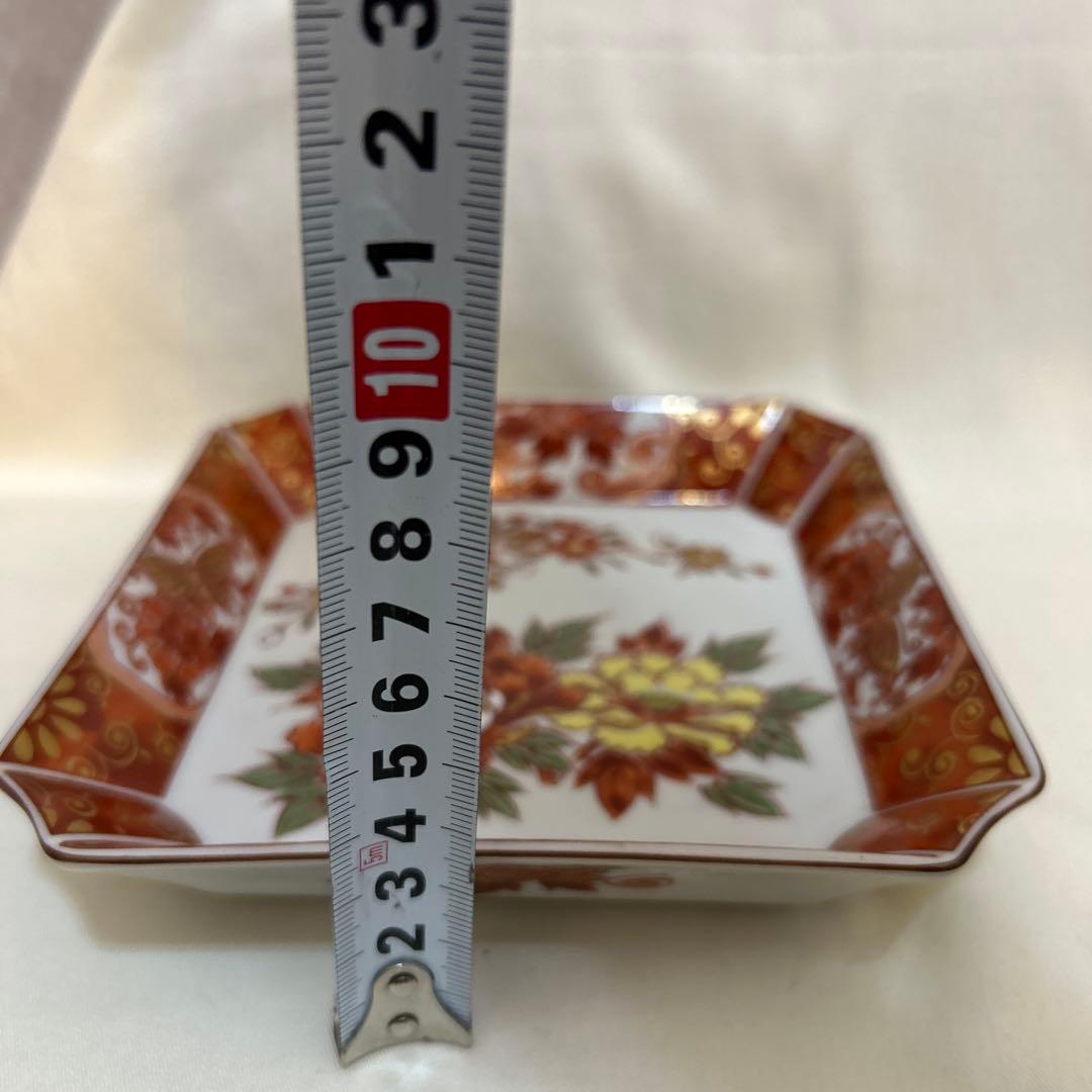 庫山窯　赤絵　角皿　5枚　金彩　牡丹　蝶