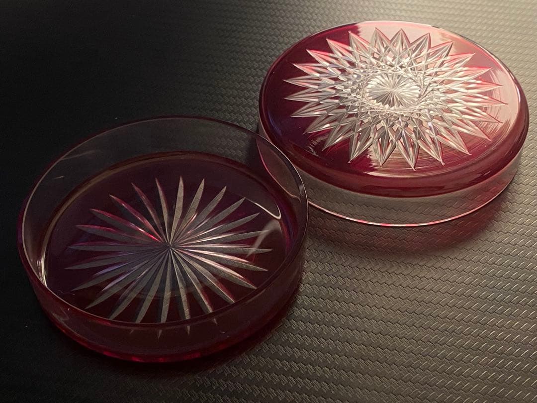 江戸切子 廣田硝子 シャーレ 切匣 蜘蛛の巣文様 赤
