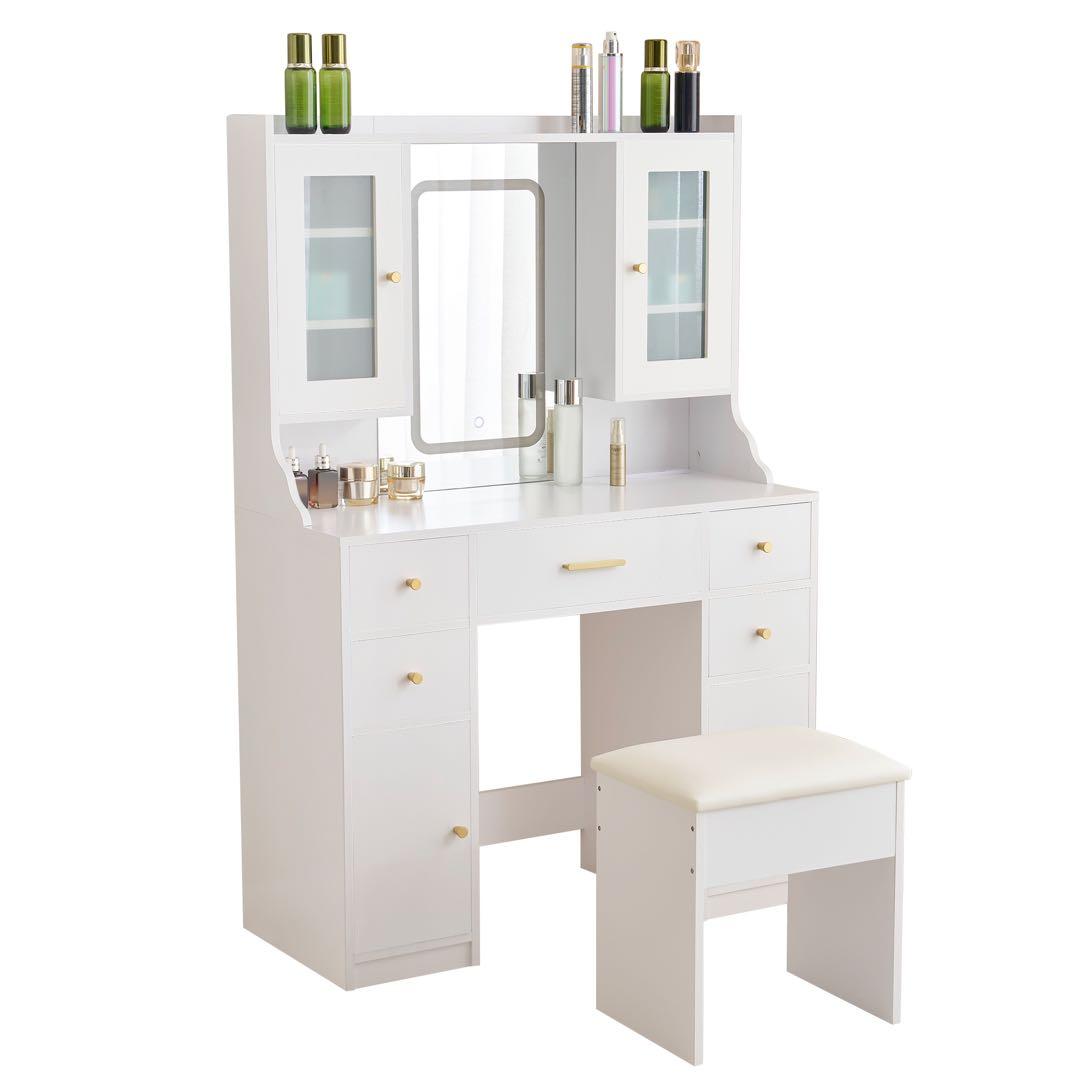 【新品】ドレッサー 化粧台 テーブル鏡台 コンセント付き ライト付き 3色LED