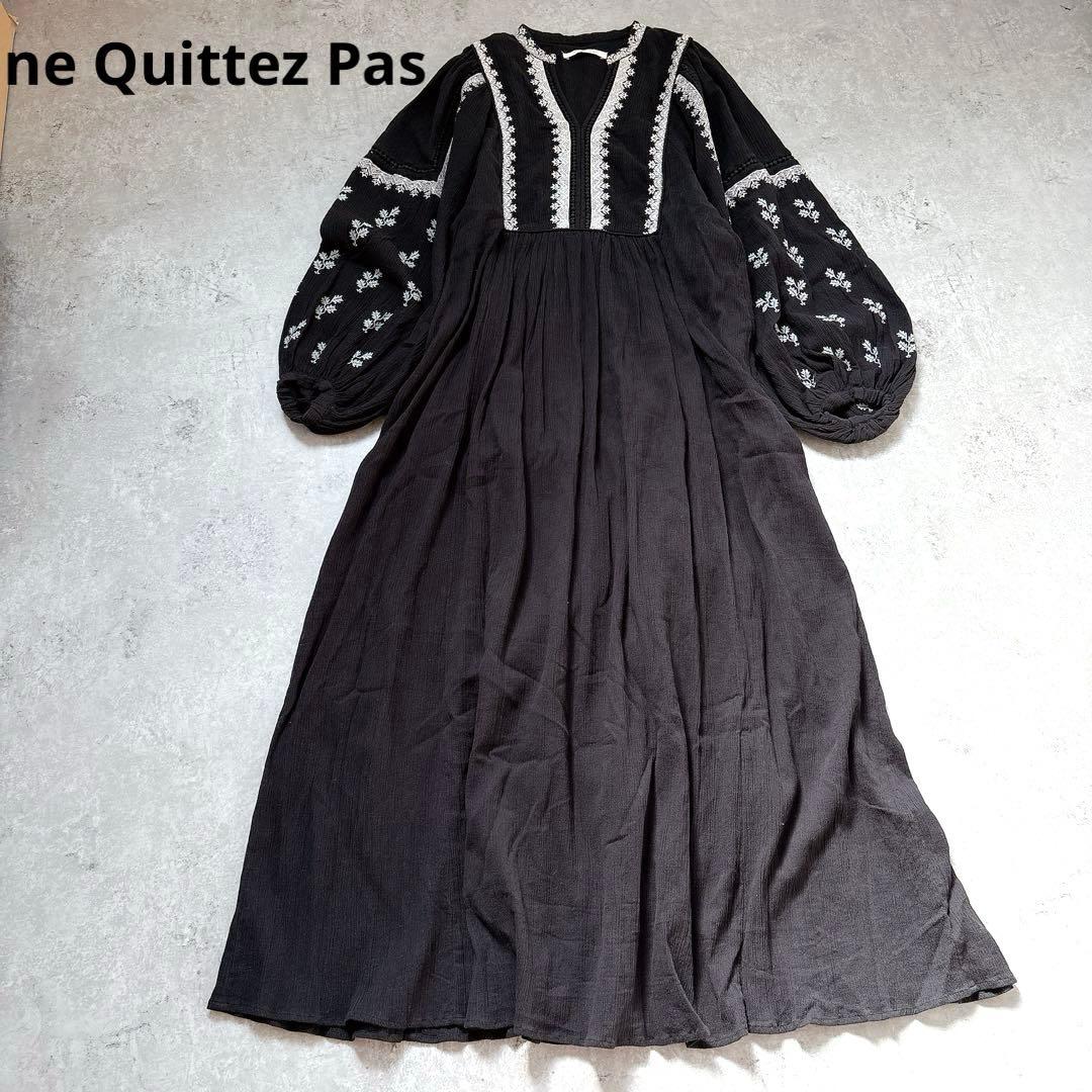 24ss✨ヌキテパ　リーフエンブロイダリードレス　刺繍　ロングワンピース　黒　M