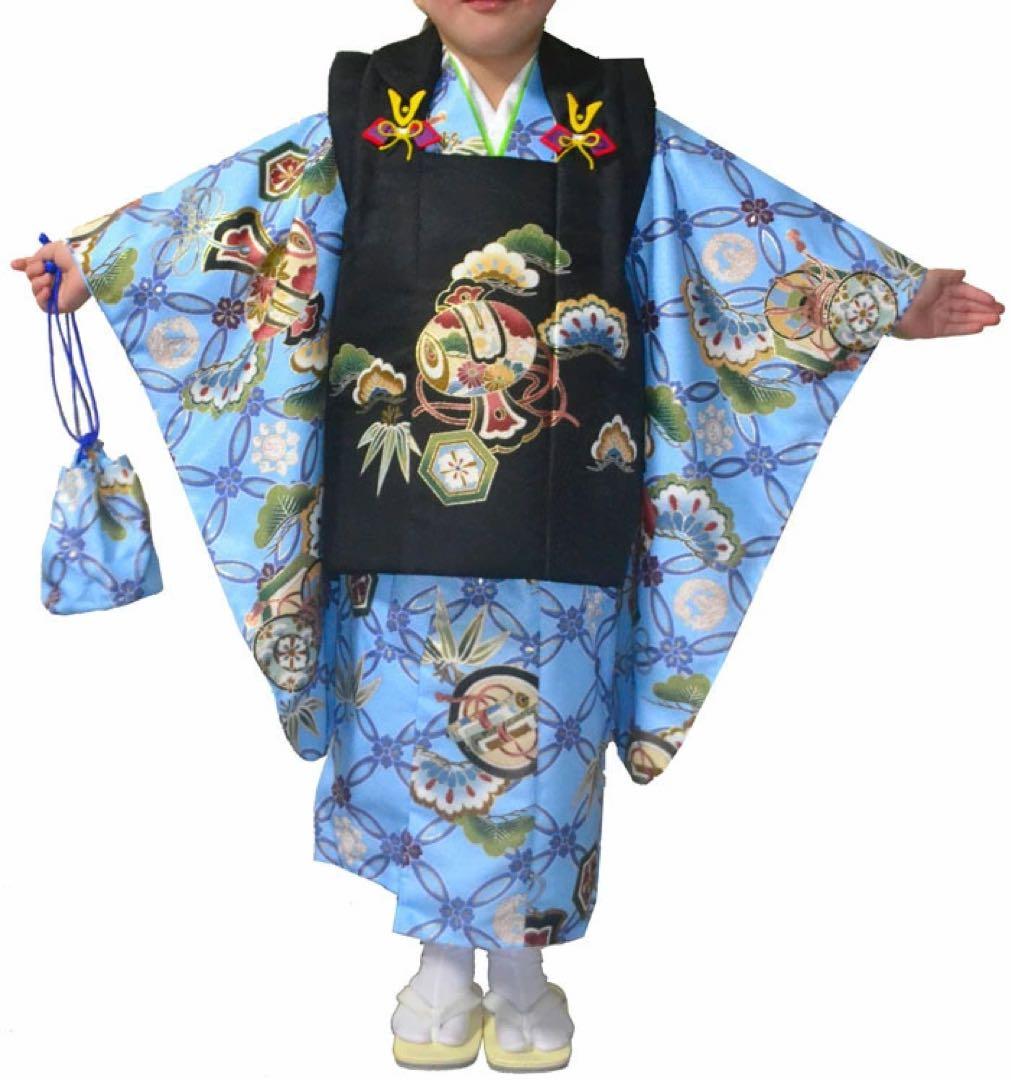 半額以下　1点のみ　若干訳あり　七五三 着物 3歳 男の子 被布セット 黒　水色