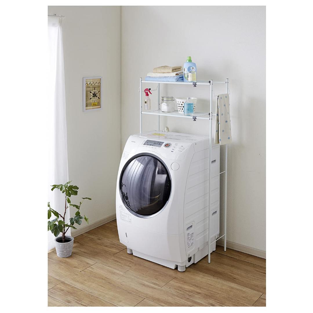 丸パイプ ランドリーラック タオル掛け付き ホワイト 棚2段