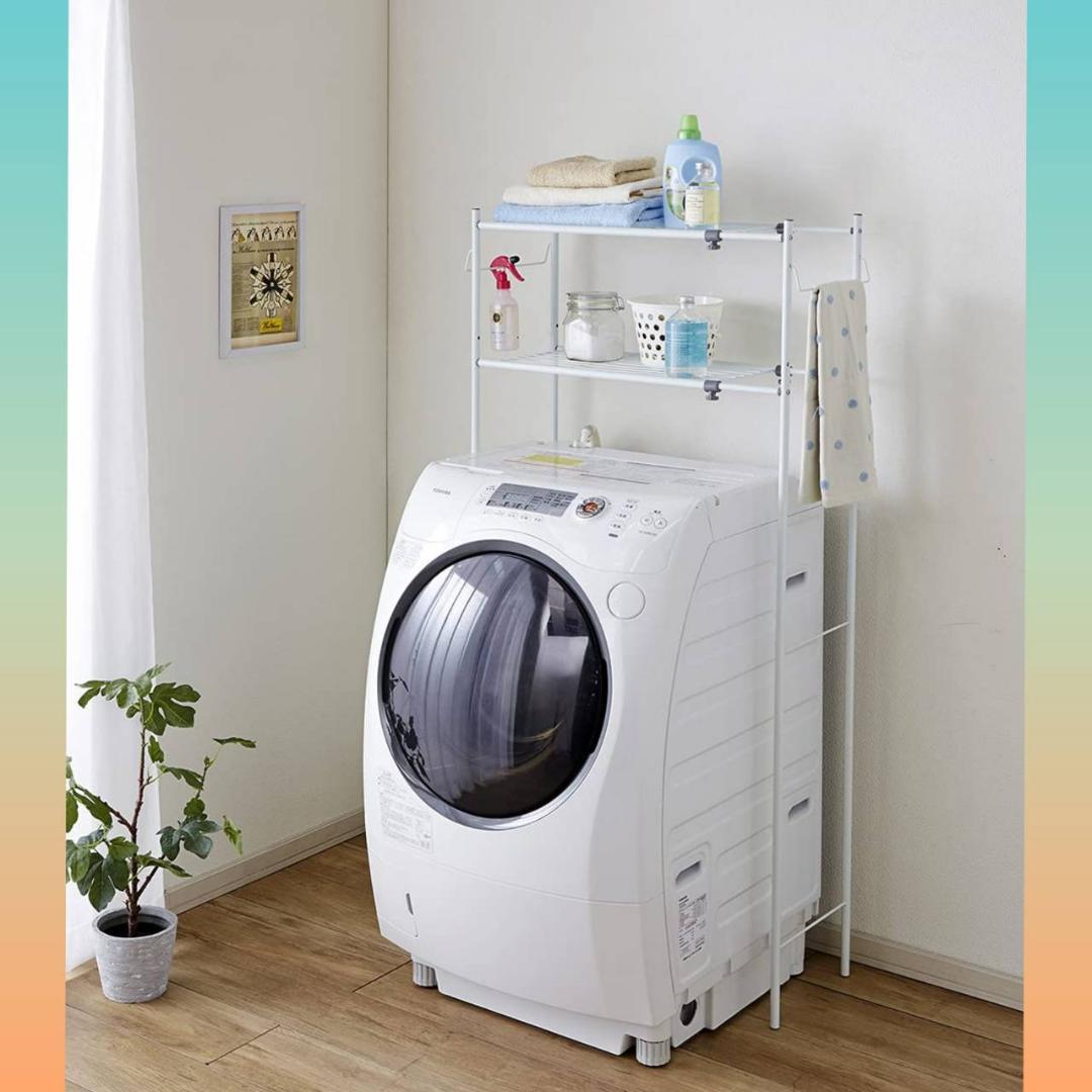 丸パイプ ランドリーラック タオル掛け付き ホワイト 棚2段