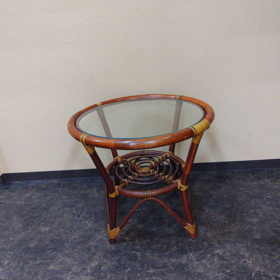 ラタン円形ガラス天板サイドテーブル　ローテーブル