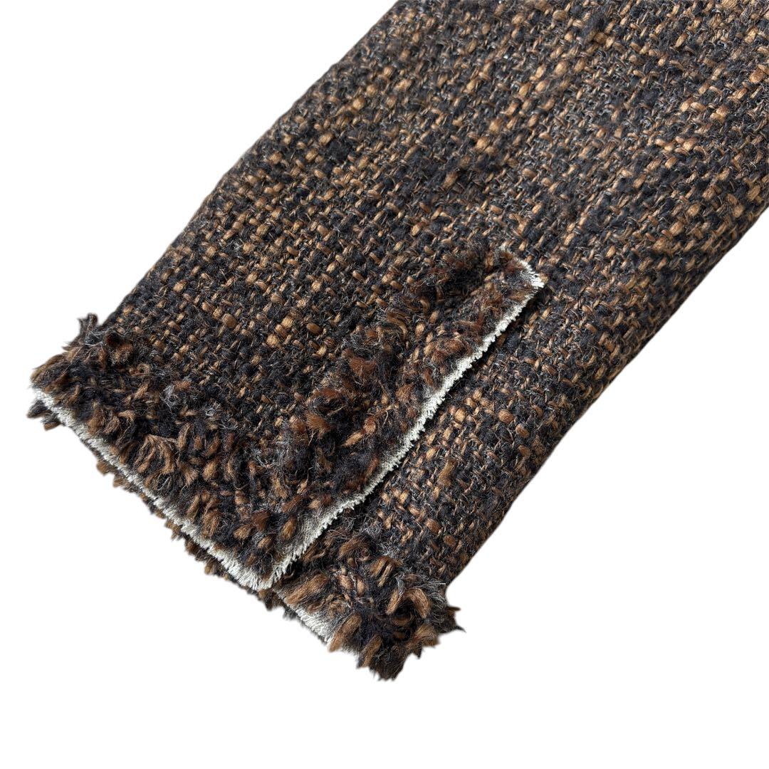 美品 PRADA ツイード ロングコート ビジュー ノーカラー ブラックビーズ