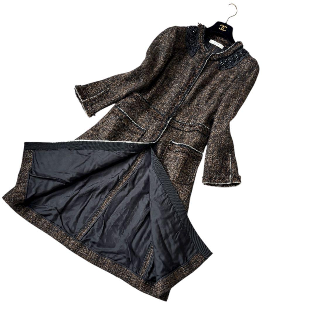 美品 PRADA ツイード ロングコート ビジュー ノーカラー ブラックビーズ