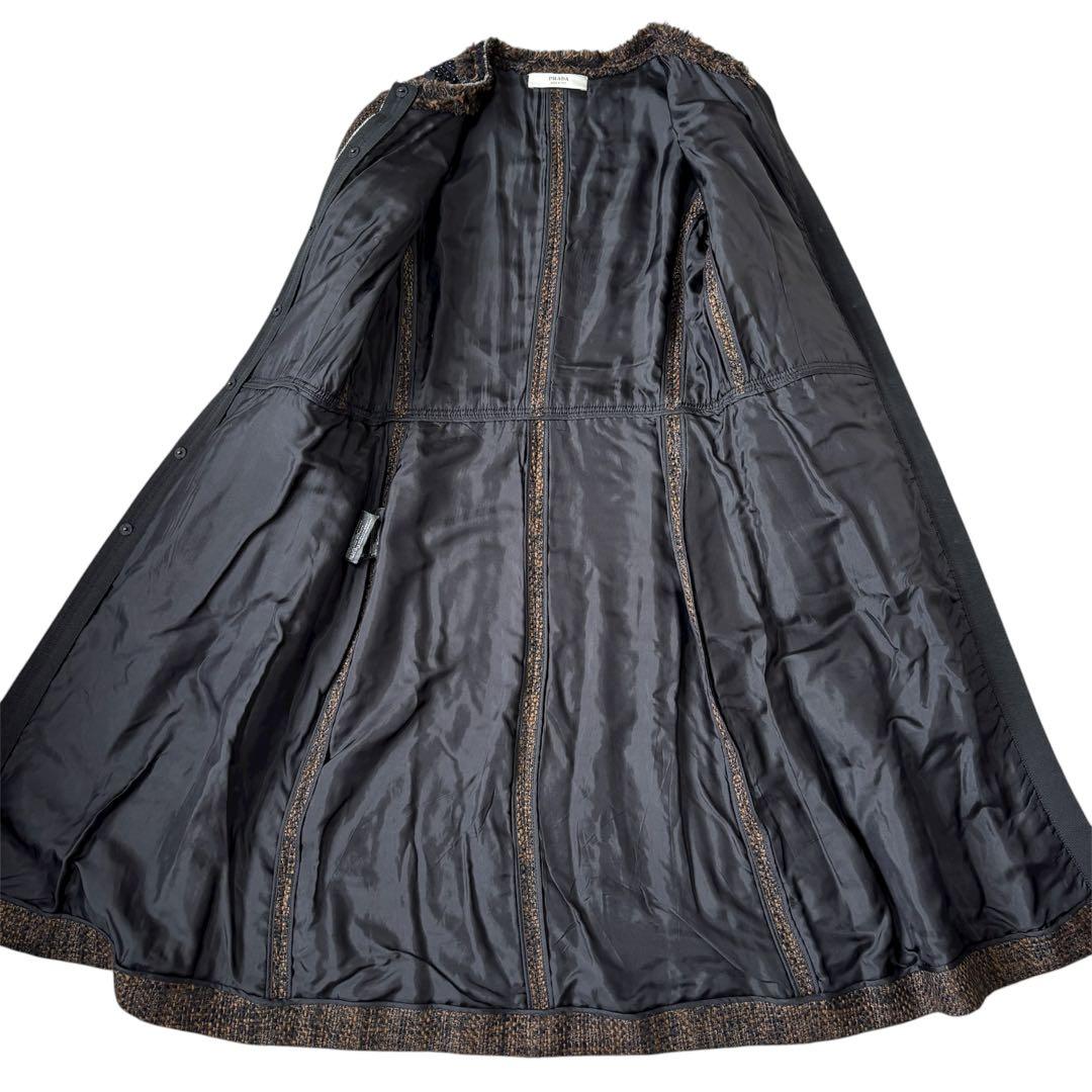 美品 PRADA ツイード ロングコート ビジュー ノーカラー ブラックビーズ