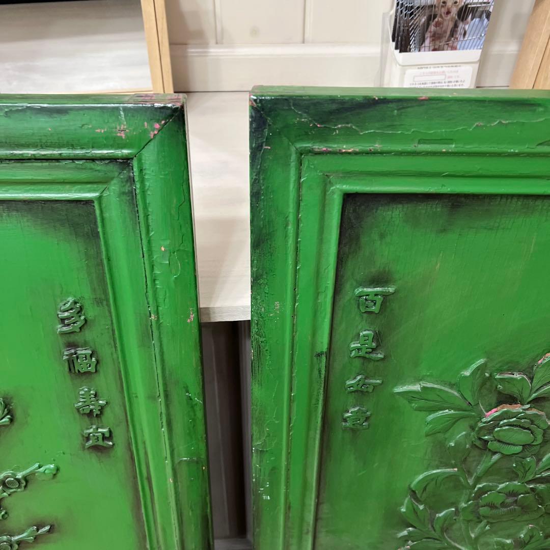 緑色の彫刻木製扉 2枚セット＊中国？