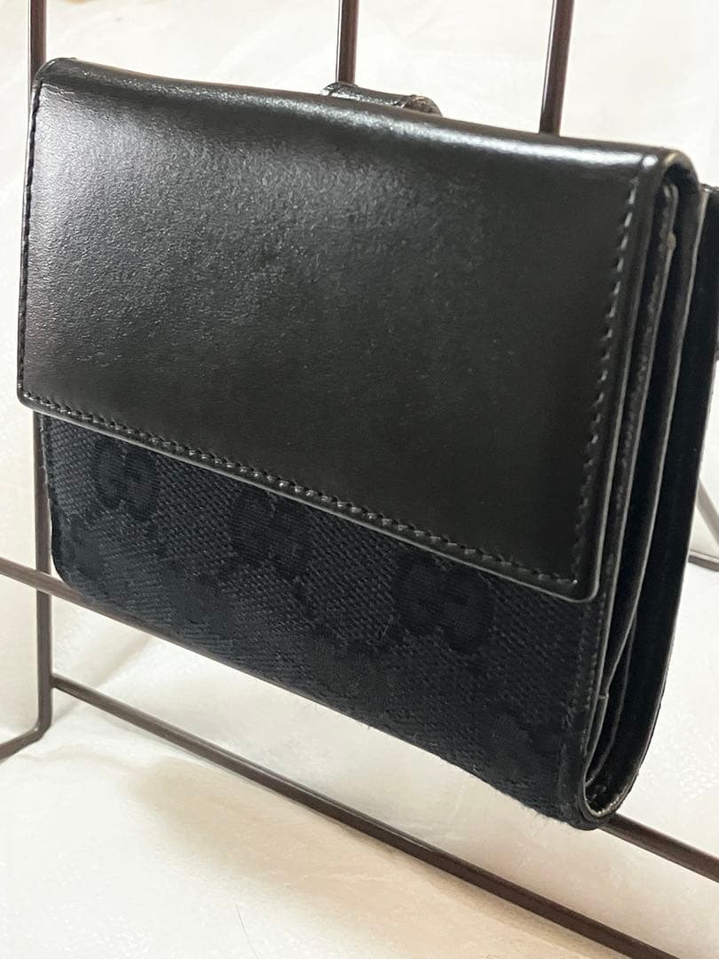 美品 GUCCI グッチ　ジャッキー 二つ折り財布 キャンバス 黒 シマ レザー