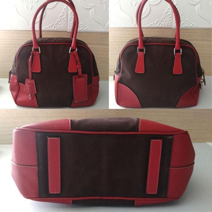PRADA プラダ　ミニボストンバッグ レッド　ブラウン　レザー キャンバス
