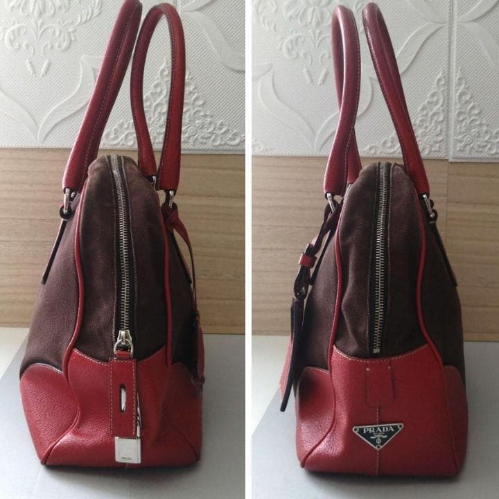 PRADA プラダ　ミニボストンバッグ レッド　ブラウン　レザー キャンバス