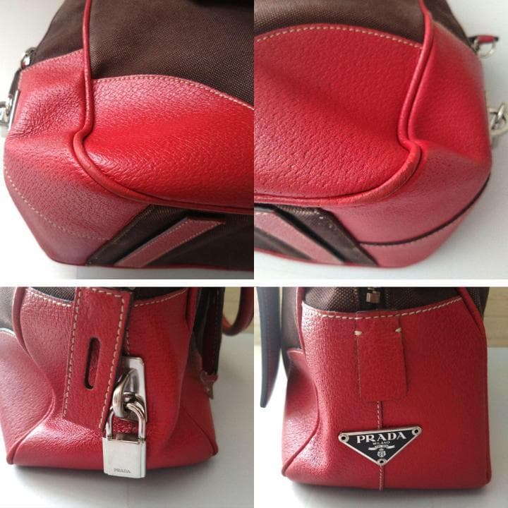 PRADA プラダ　ミニボストンバッグ レッド　ブラウン　レザー キャンバス