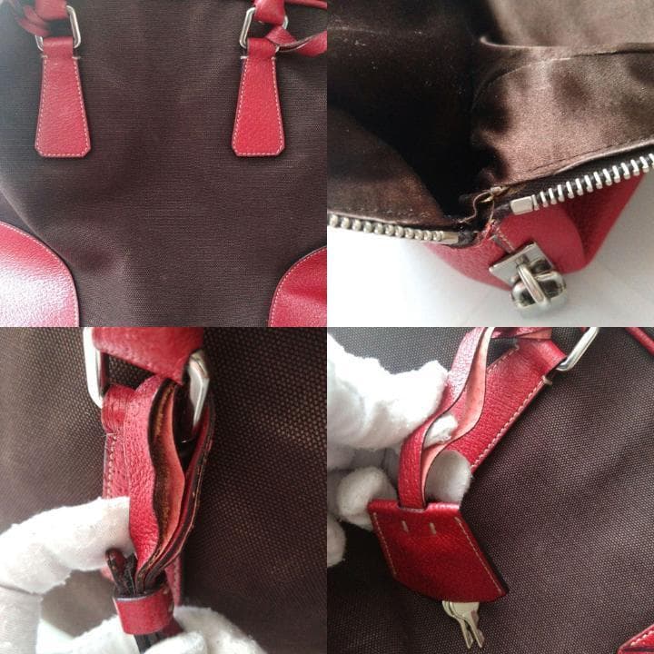 PRADA プラダ　ミニボストンバッグ レッド　ブラウン　レザー キャンバス