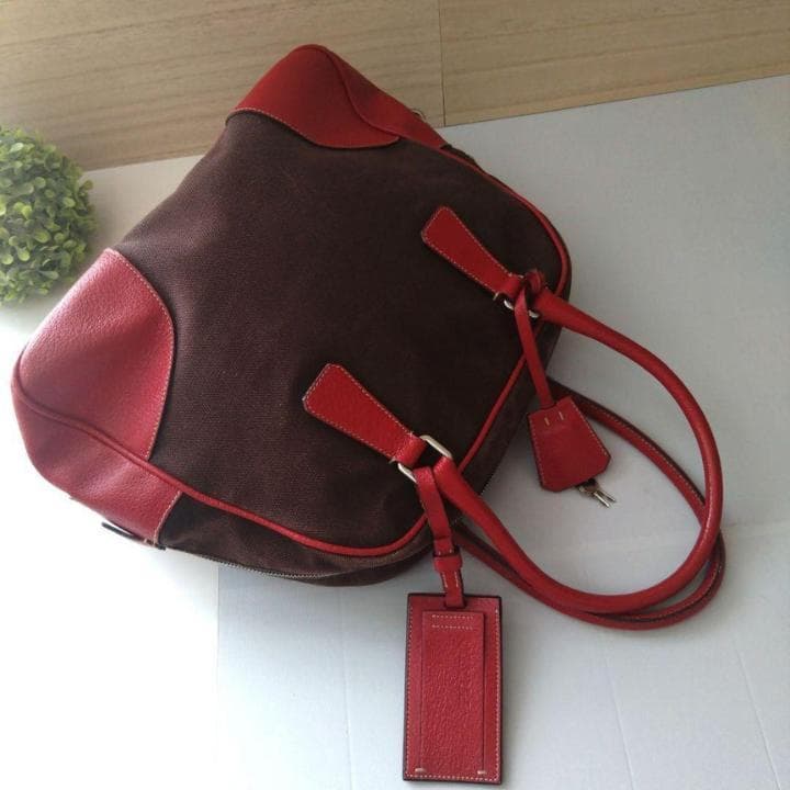 PRADA プラダ　ミニボストンバッグ レッド　ブラウン　レザー キャンバス