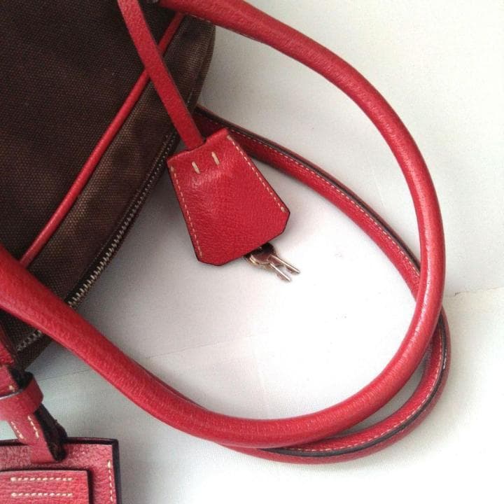 PRADA プラダ　ミニボストンバッグ レッド　ブラウン　レザー キャンバス