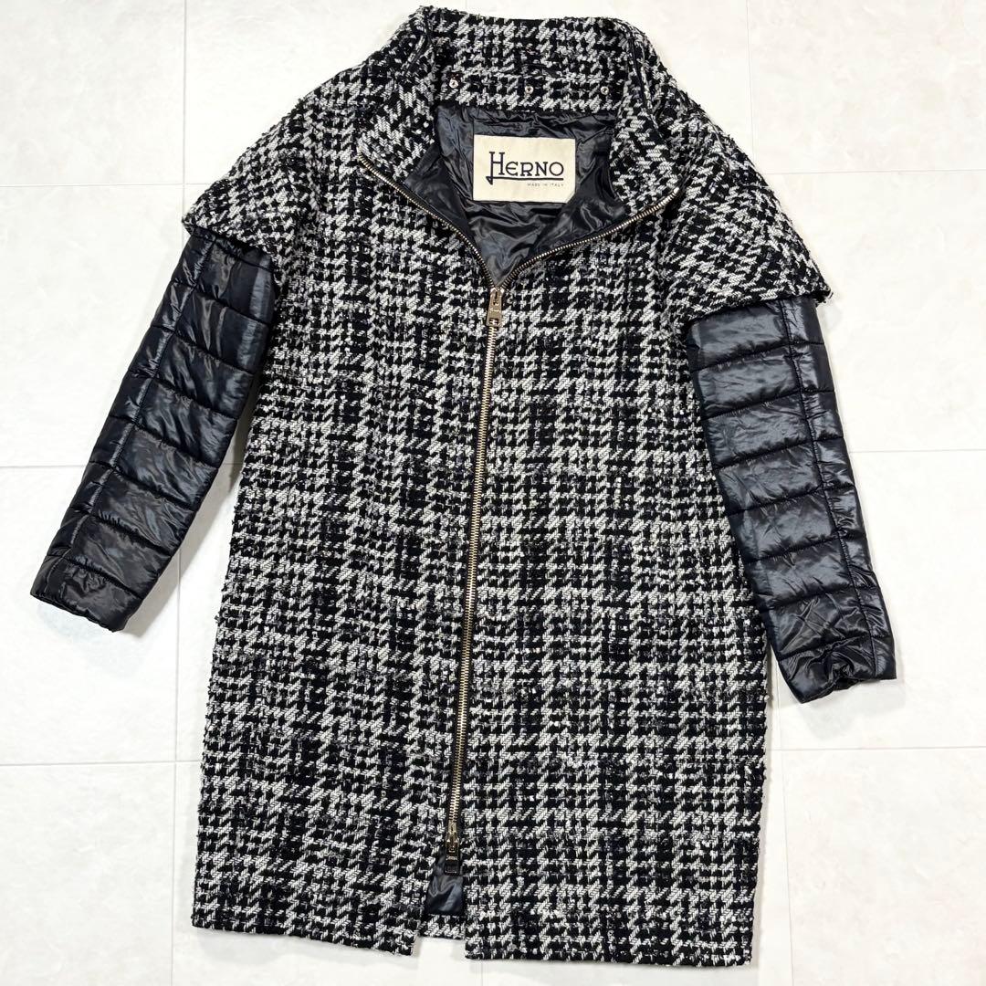☆HERNO ヘルノ チェック柄 ツイード切替 ダウンジャケット