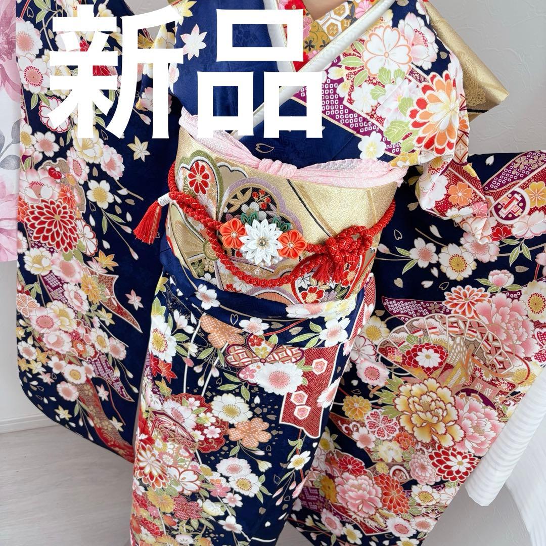 未使用　正絹振袖フルセット　王道華やかな古典柄　牡丹　桜　成人式　ネイビー