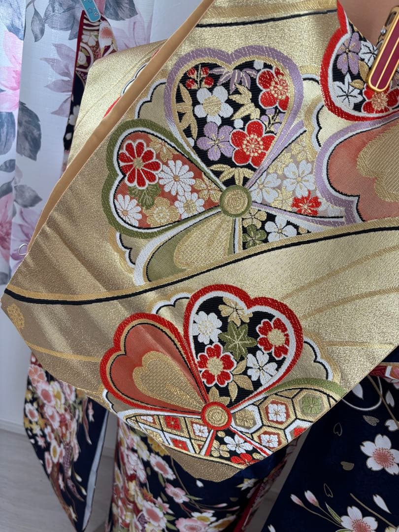 未使用　正絹振袖フルセット　王道華やかな古典柄　牡丹　桜　成人式　ネイビー
