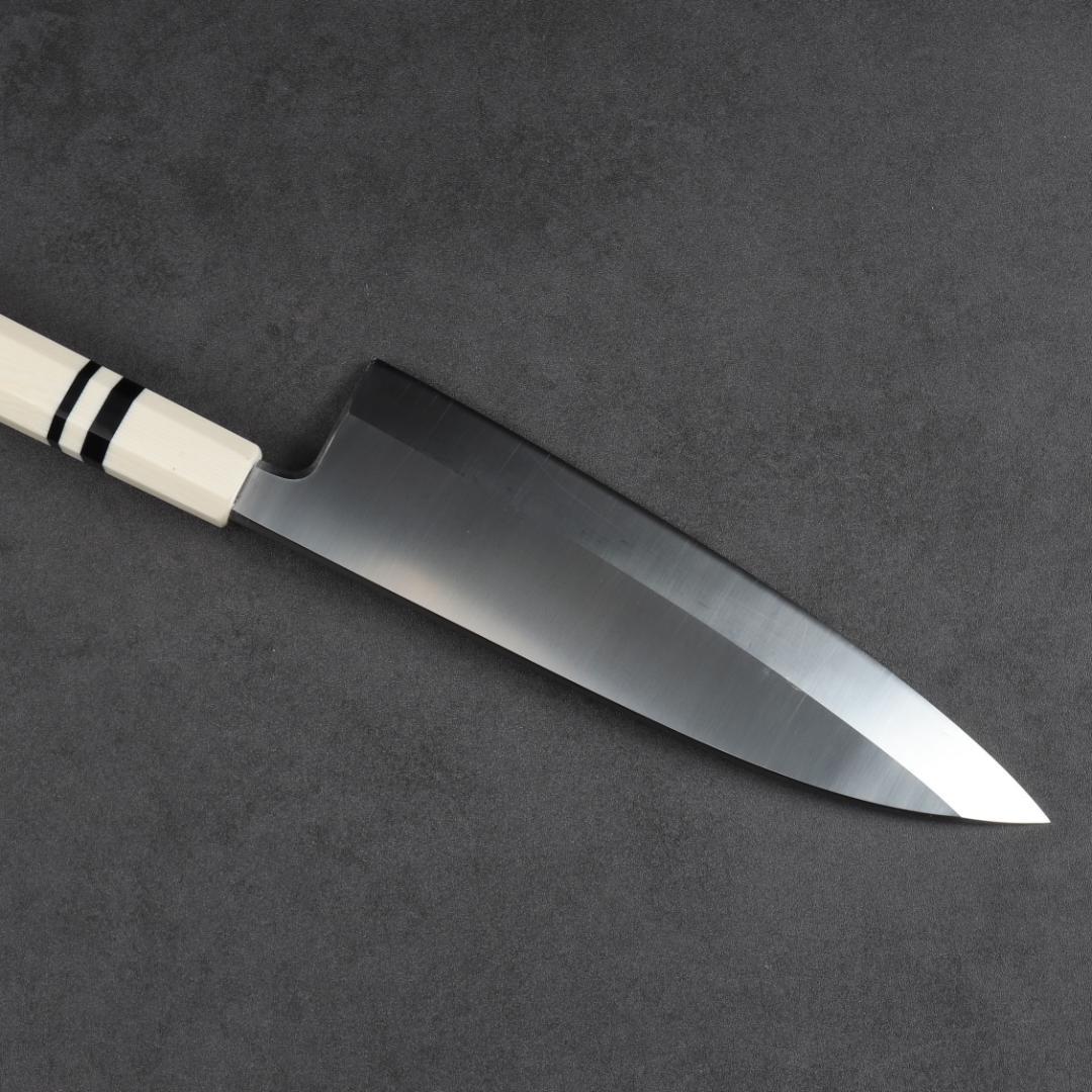 7168左利き用 出刃包丁 7寸 刃渡り210 刺身包丁 人工象牙黒三本巻八角柄