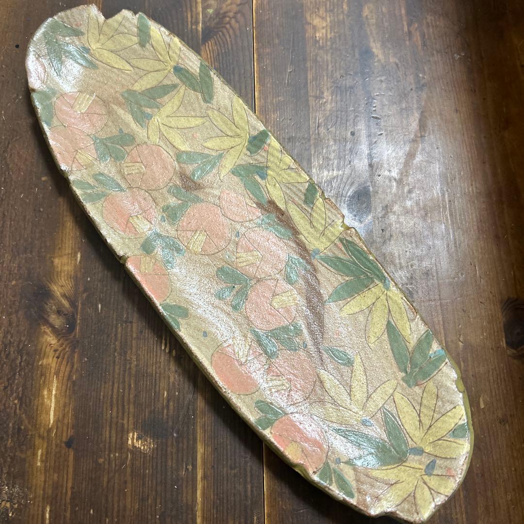 作家　陶芸作家　草花模様　オーバル皿　超長皿　変形皿　椿　1点もの