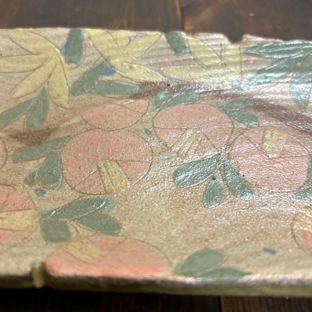 作家　陶芸作家　草花模様　オーバル皿　超長皿　変形皿　椿　1点もの