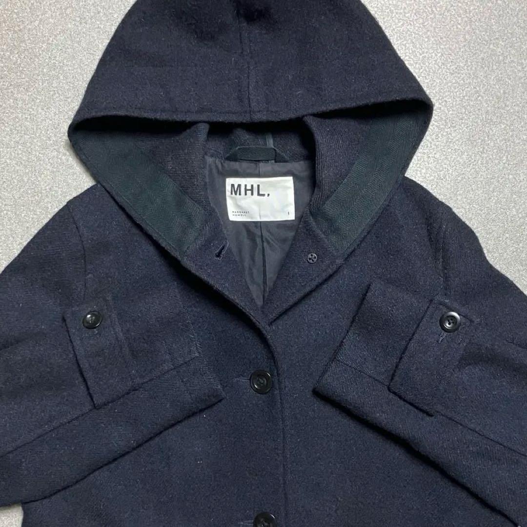 MHL.ウールフーデッドコート ロング ネイビー エムエイチエル