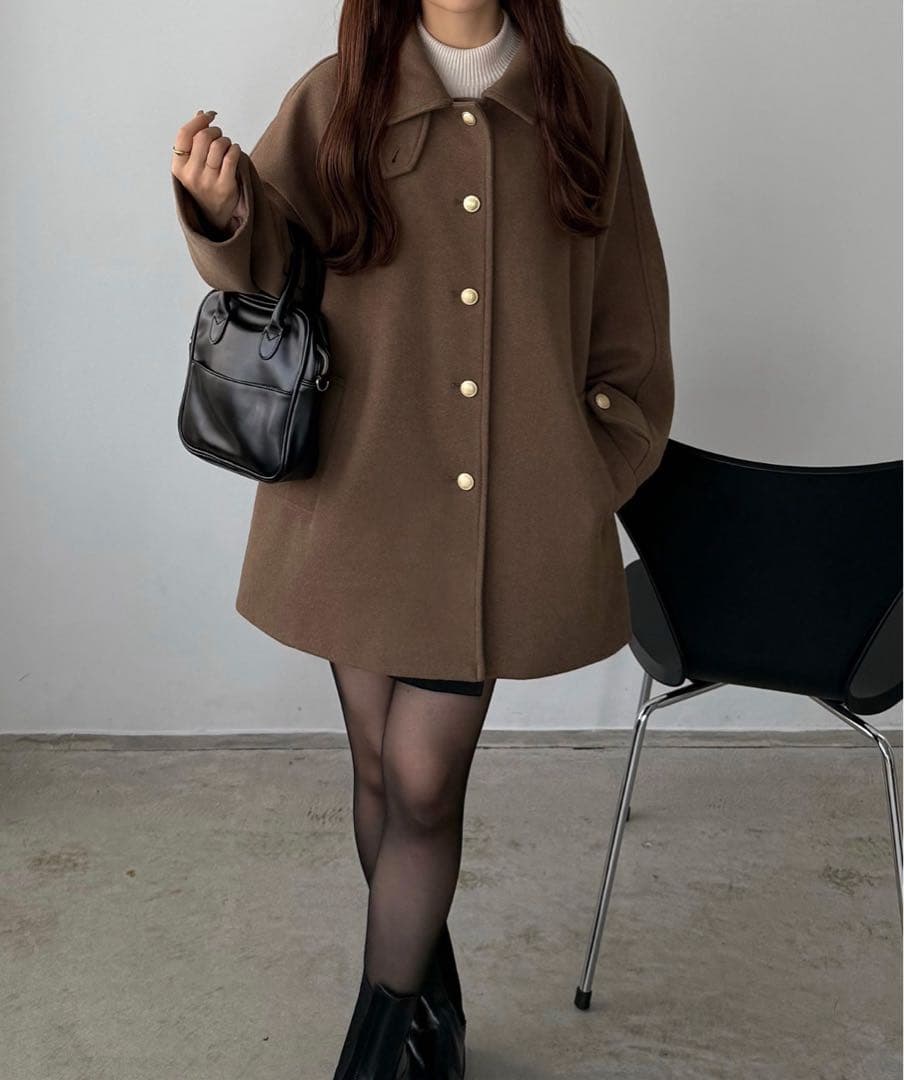 callautia ゴールドボタンミドルコートM ブラウン