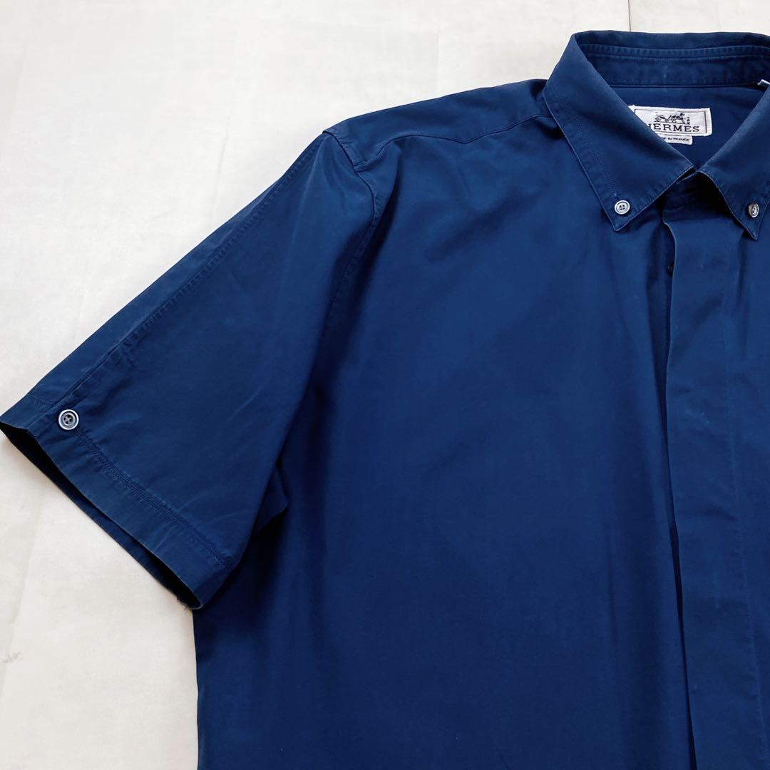 HERMES コットンシャツ 15 3/4 首回り40 ネイビー ボタンダウン