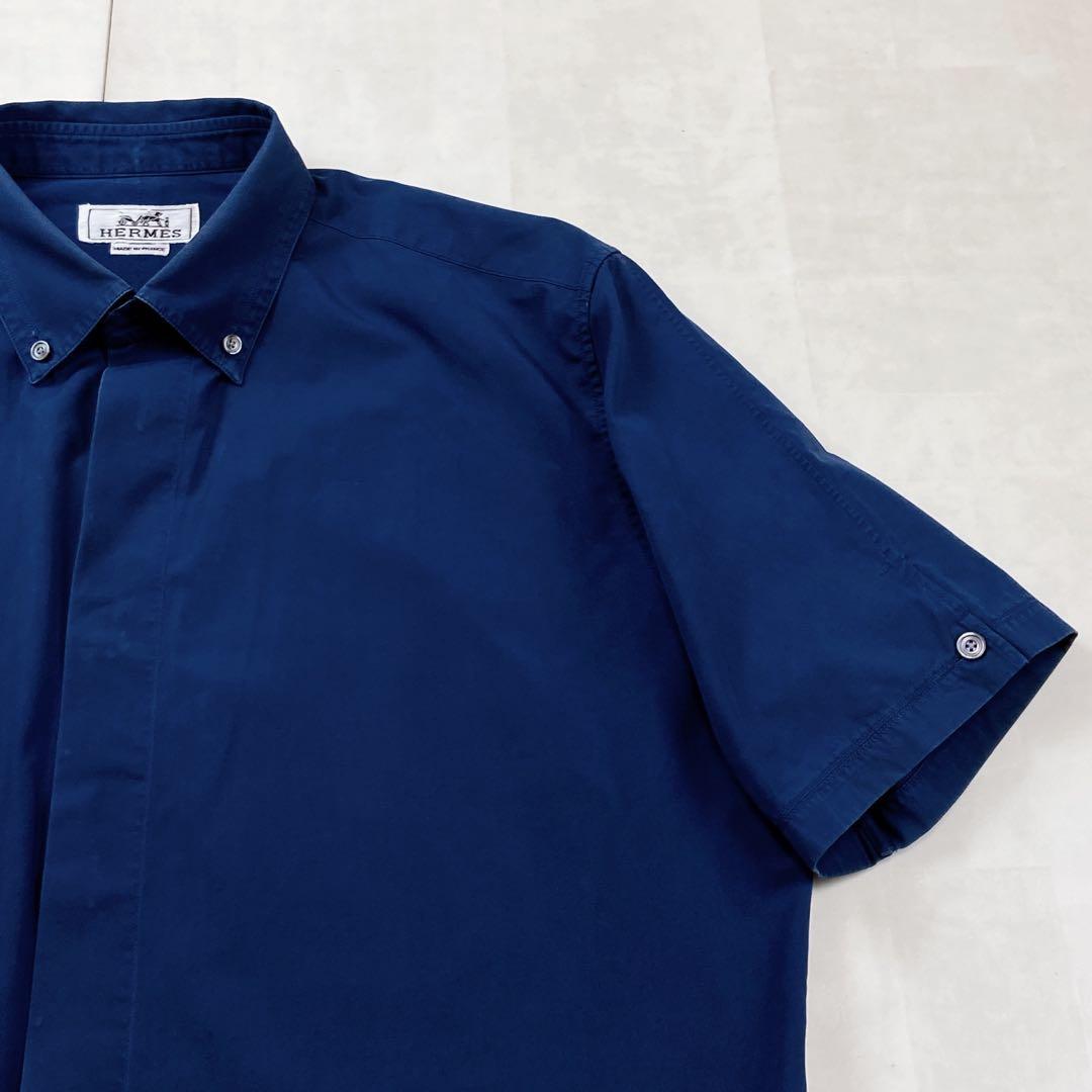 HERMES コットンシャツ 15 3/4 首回り40 ネイビー ボタンダウン