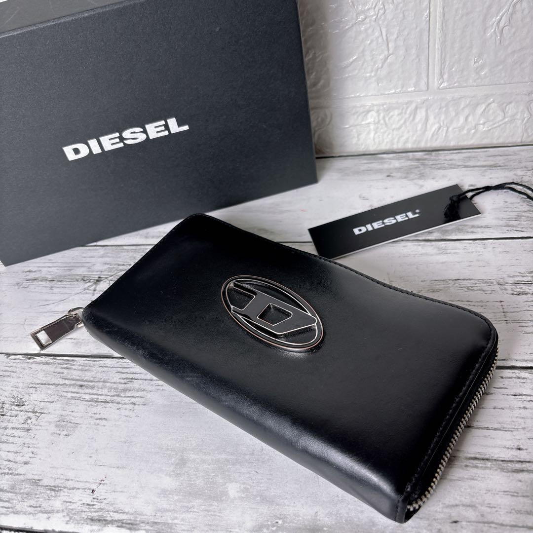 美品 DIESEL ディーゼル レザー 長財布 ラウンドファスナー 黒 Dロゴ