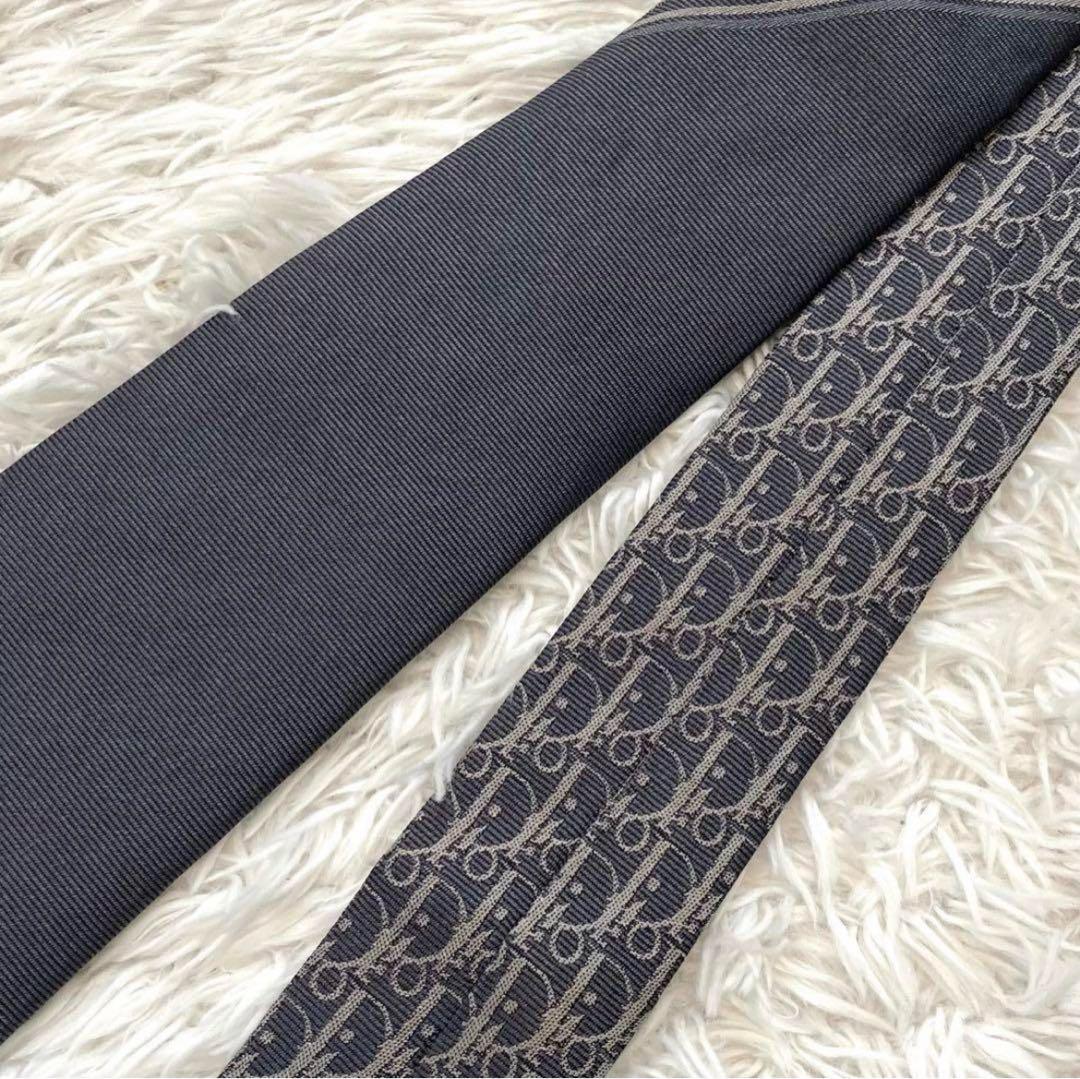 ［美品］ディオールオム　オブリーク　ストライプ　シルク　ネクタイ　ネイビー