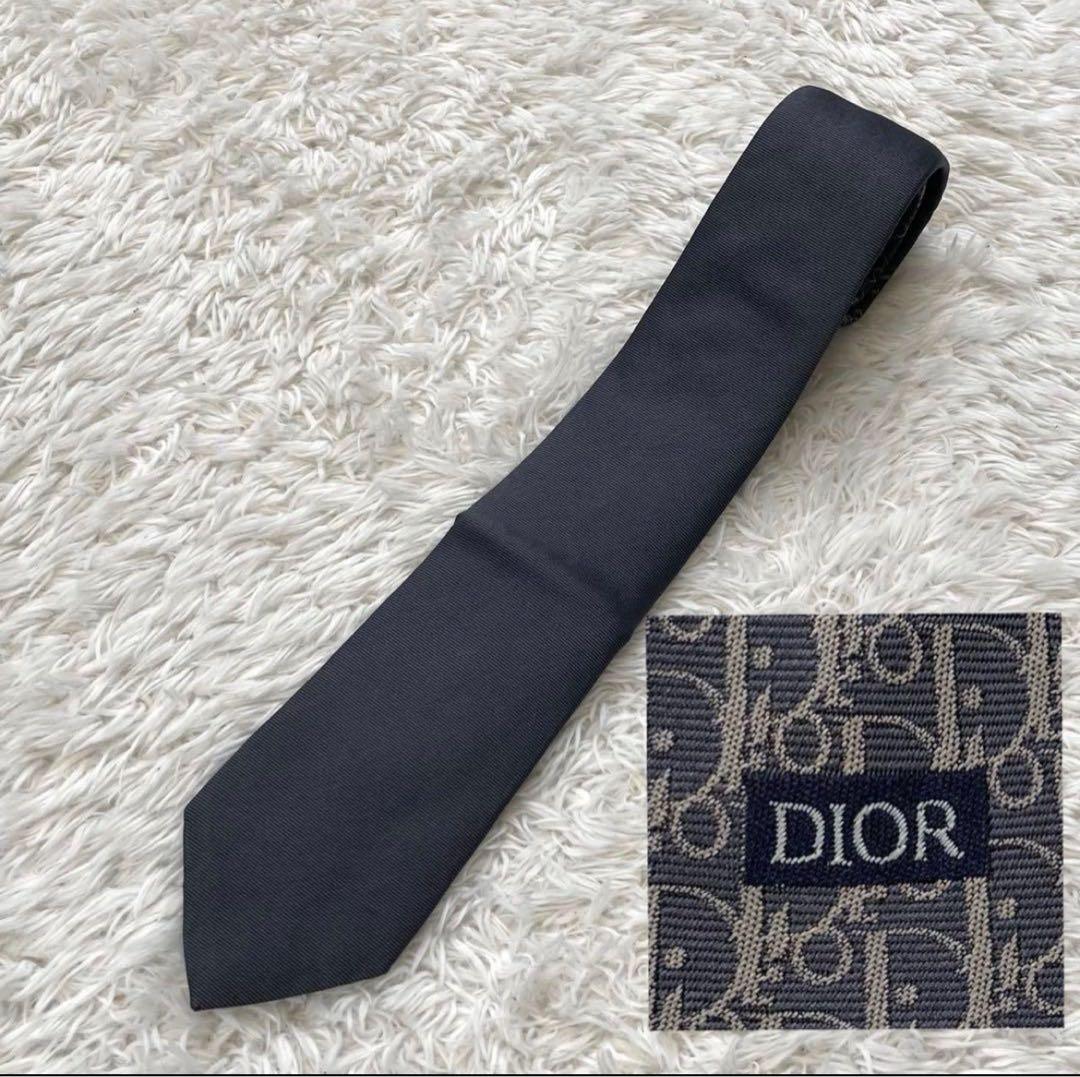 ［美品］ディオールオム　オブリーク　ストライプ　シルク　ネクタイ　ネイビー