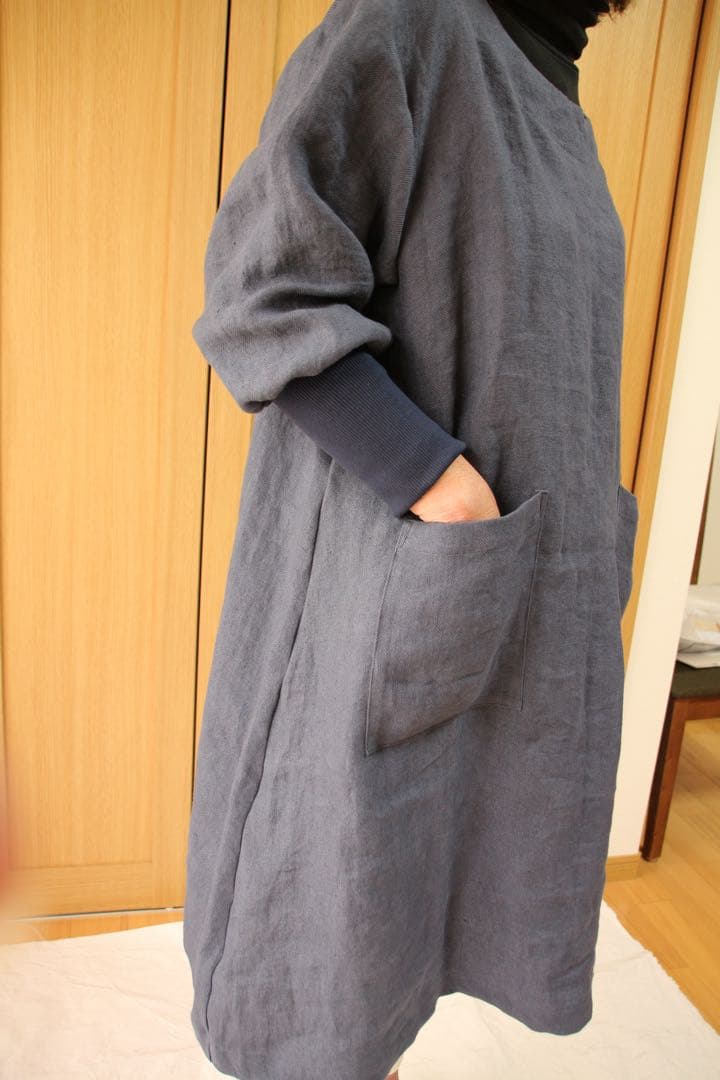 【上質linen 100%】しなやかでしっかりめ中厚〜厚地＊リブ袖口割烹着ワンピ