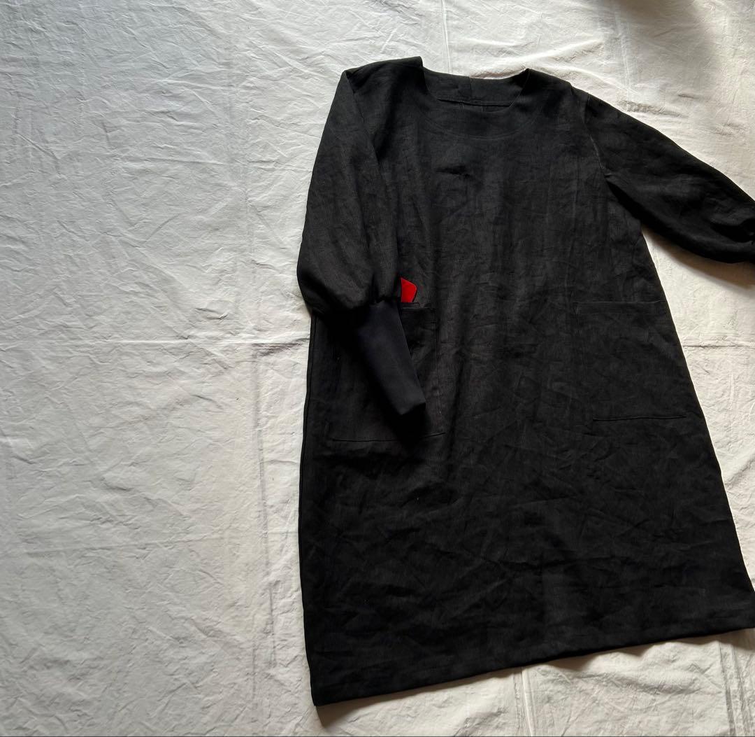 【上質linen 100%】しなやかでしっかりめ中厚〜厚地＊リブ袖口割烹着ワンピ