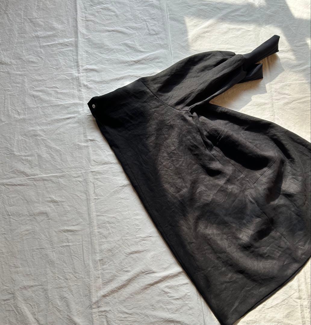 【上質linen 100%】しなやかでしっかりめ中厚〜厚地＊リブ袖口割烹着ワンピ
