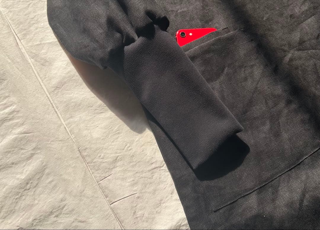 【上質linen 100%】しなやかでしっかりめ中厚〜厚地＊リブ袖口割烹着ワンピ