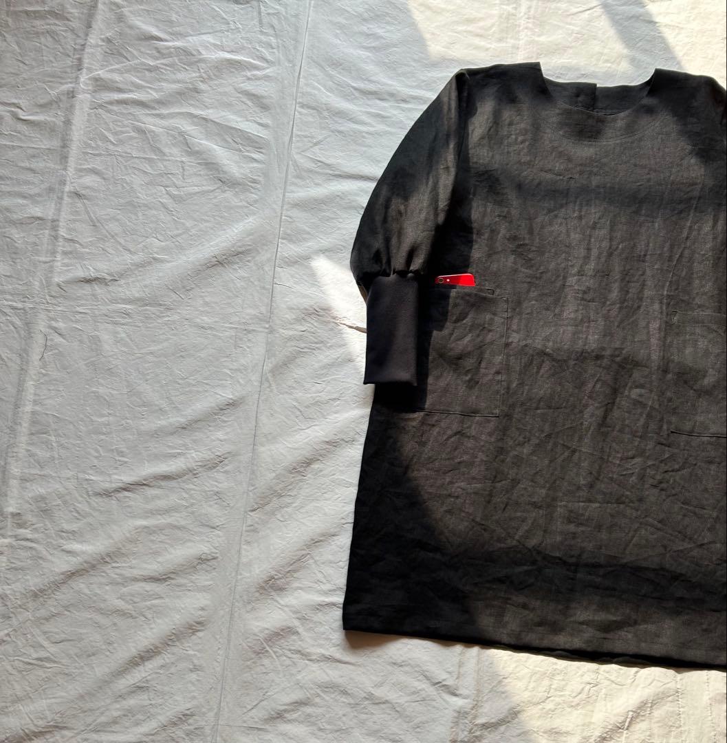 【上質linen 100%】しなやかでしっかりめ中厚〜厚地＊リブ袖口割烹着ワンピ
