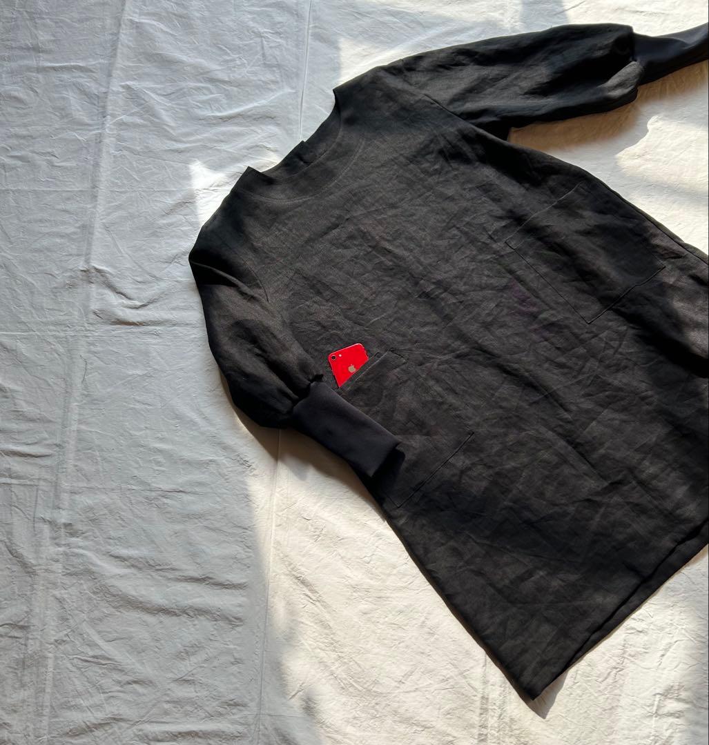 【上質linen 100%】しなやかでしっかりめ中厚〜厚地＊リブ袖口割烹着ワンピ
