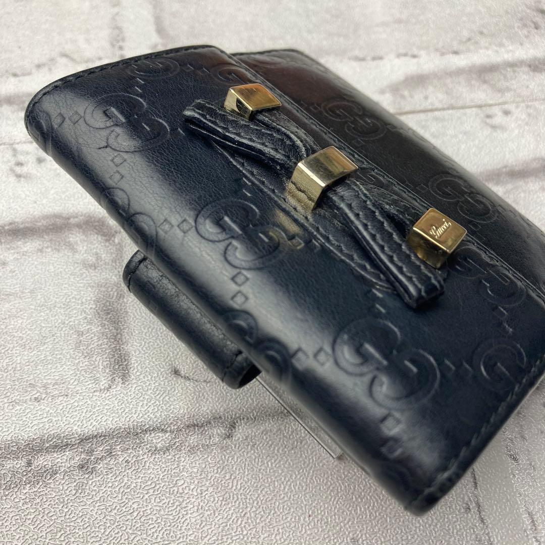 【かねごんごんさん専用】GUCCI　グッチ☆二つ折り財布　ブラック　リボン　シマ