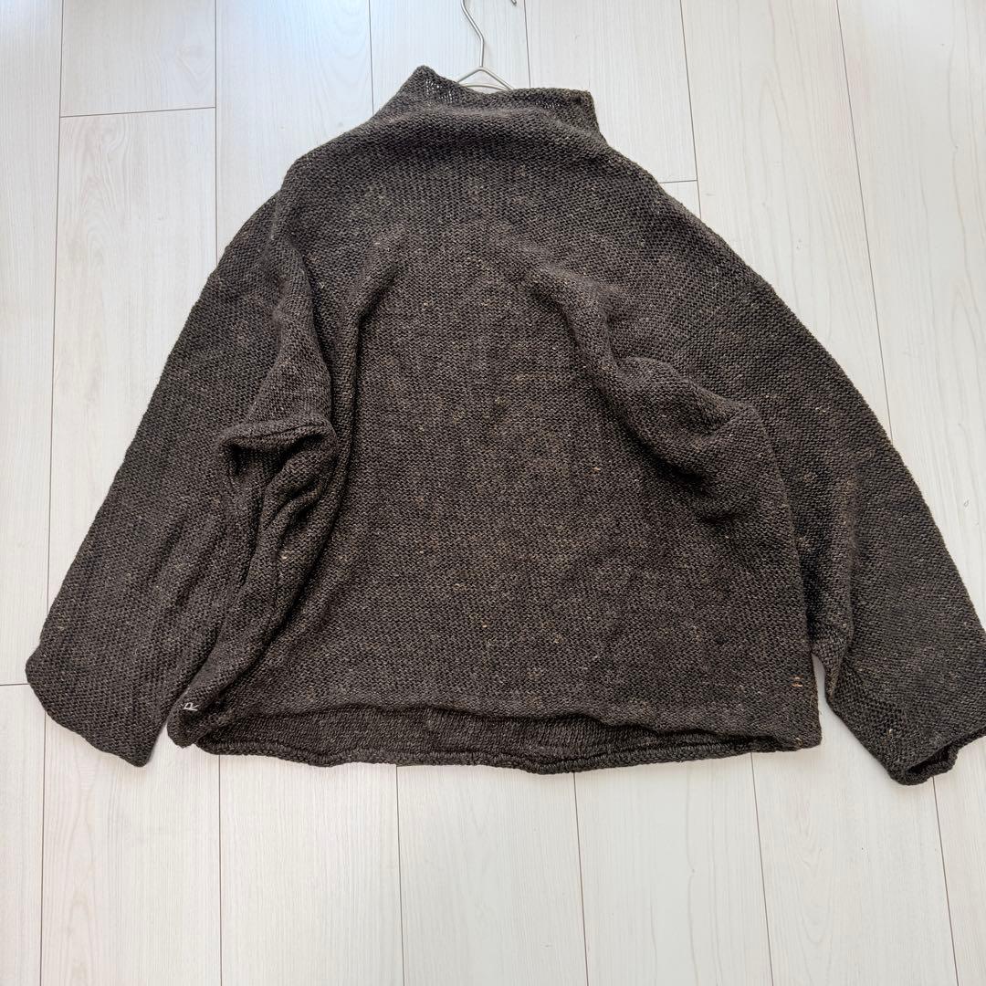 美品✨45R R刺繍リネン100 ざっくり編み モックネックニットプルオーバー