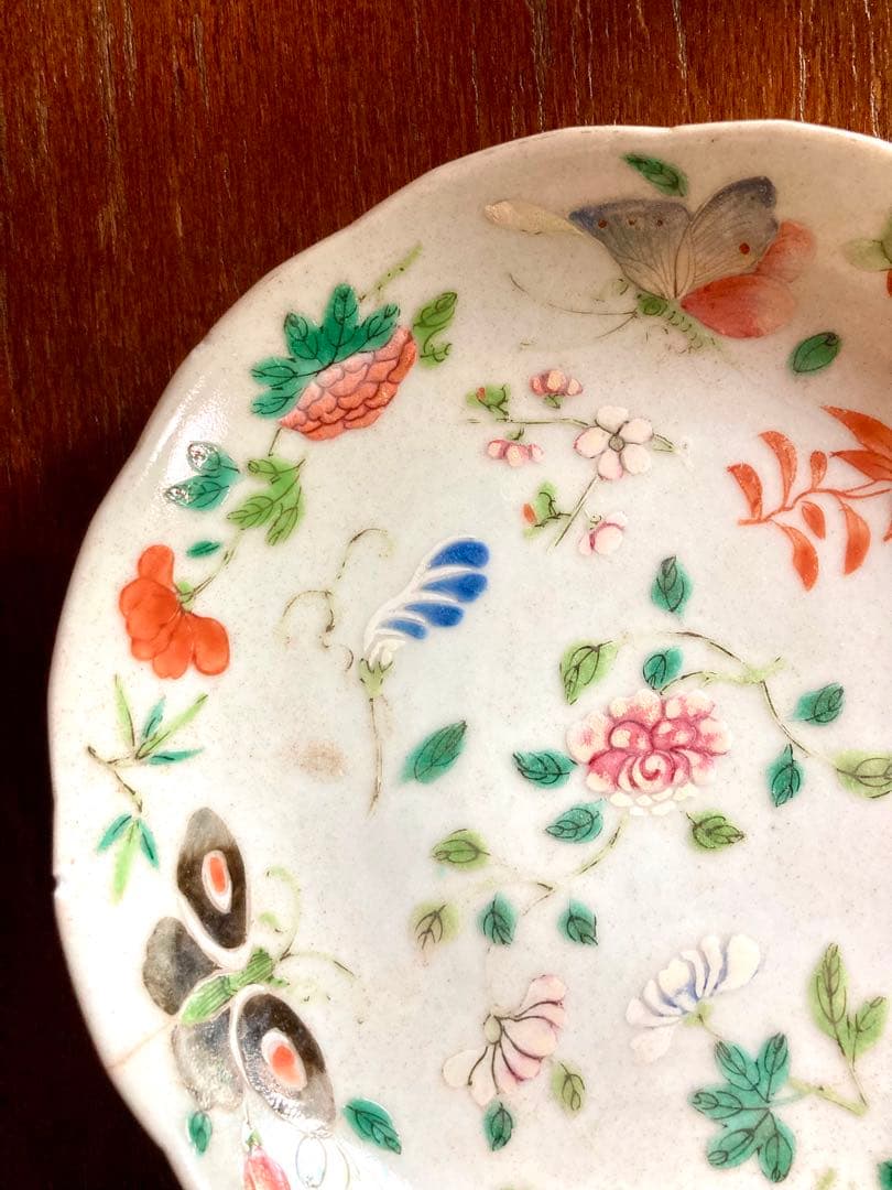 稀少　中国清代　骨董　色絵　輪花皿　中国古玩　アンティーク　唐物粉彩