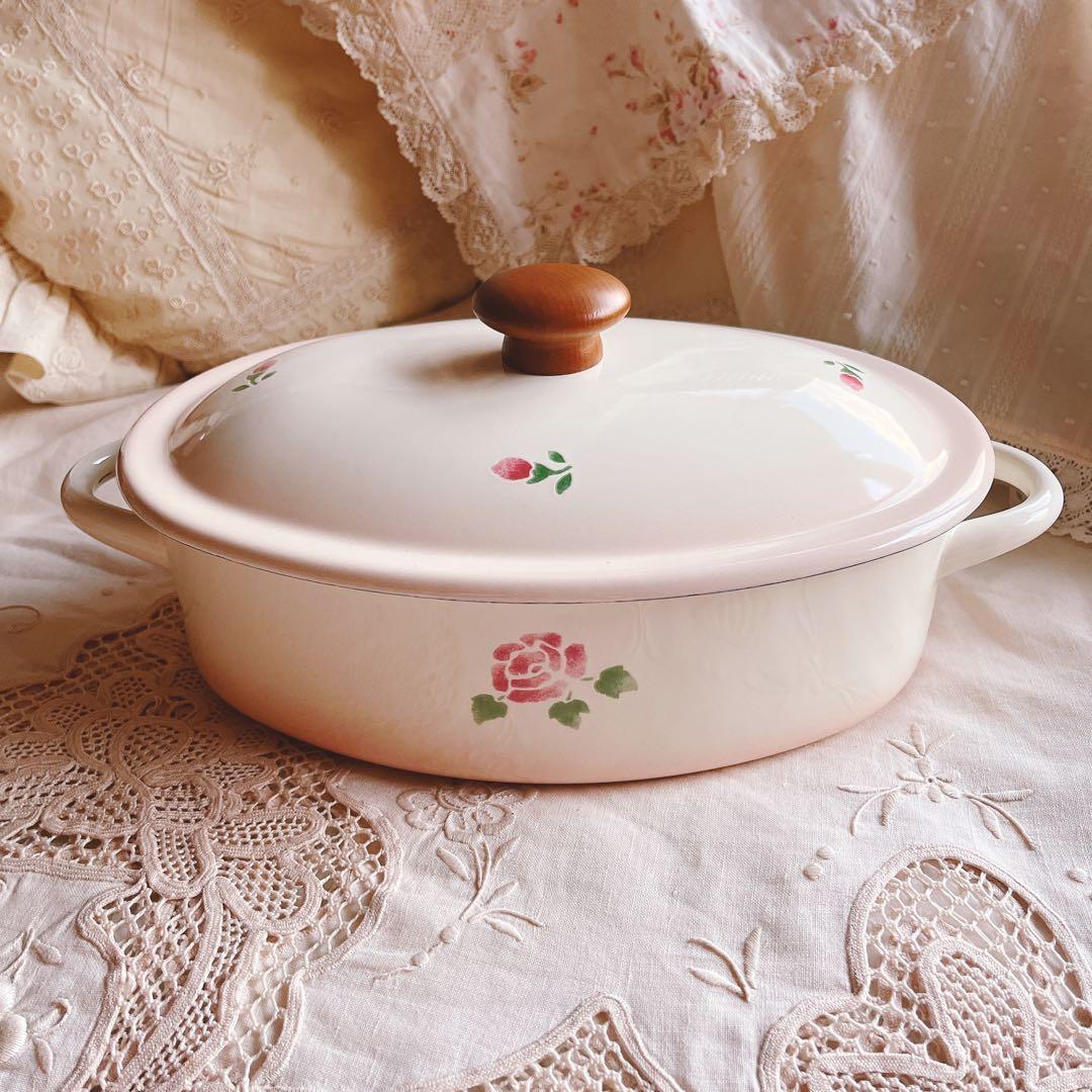 お値下げ♡マニーローズホーロー両手鍋イマンローズバスケット薔薇琺瑯ニトリイケア