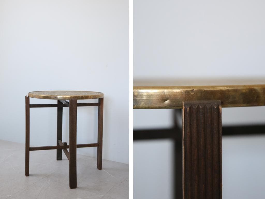 英国アンティーク真鍮製サイドテーブル/木製丸机/折畳式飾り棚/花台(88-157