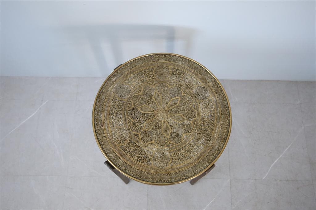 英国アンティーク真鍮製サイドテーブル/木製丸机/折畳式飾り棚/花台(88-157