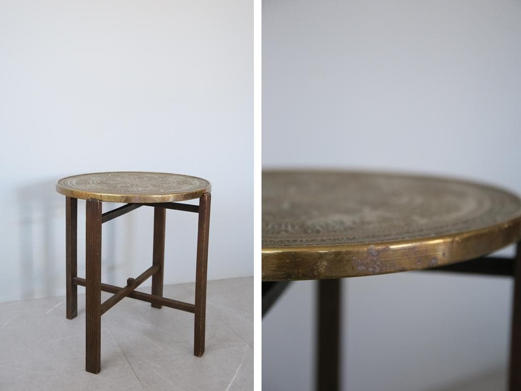 英国アンティーク真鍮製サイドテーブル/木製丸机/折畳式飾り棚/花台(88-157