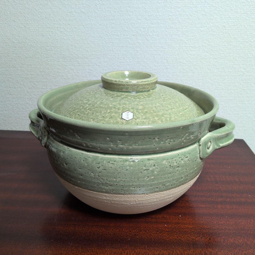 新品　未使用　佐治陶器　伊賀焼　 緑彩ごはん鍋　5合炊き