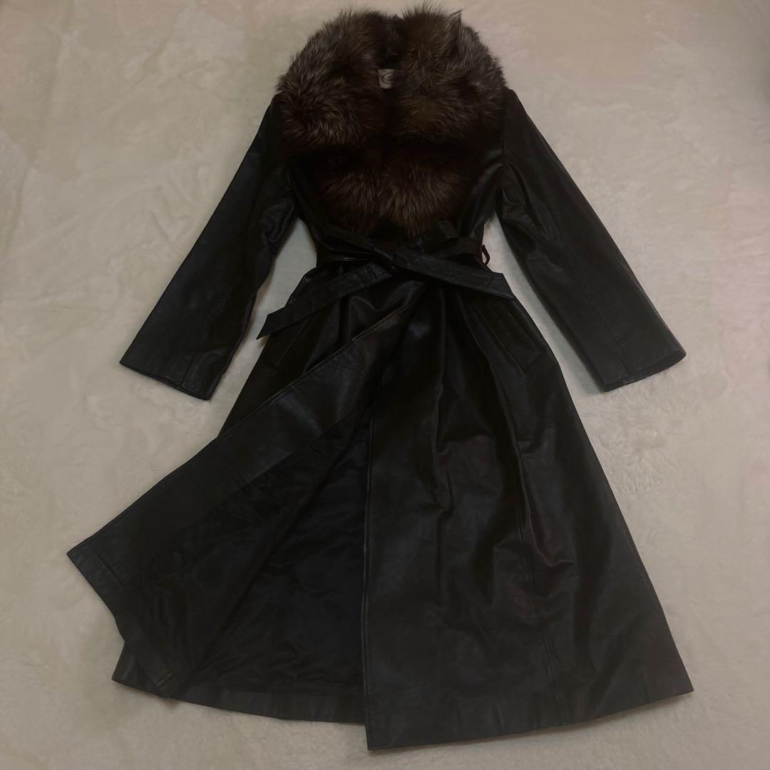 パンプキン✨ レザーコート　ロング　牛革　フォックスファー　ベルト付き