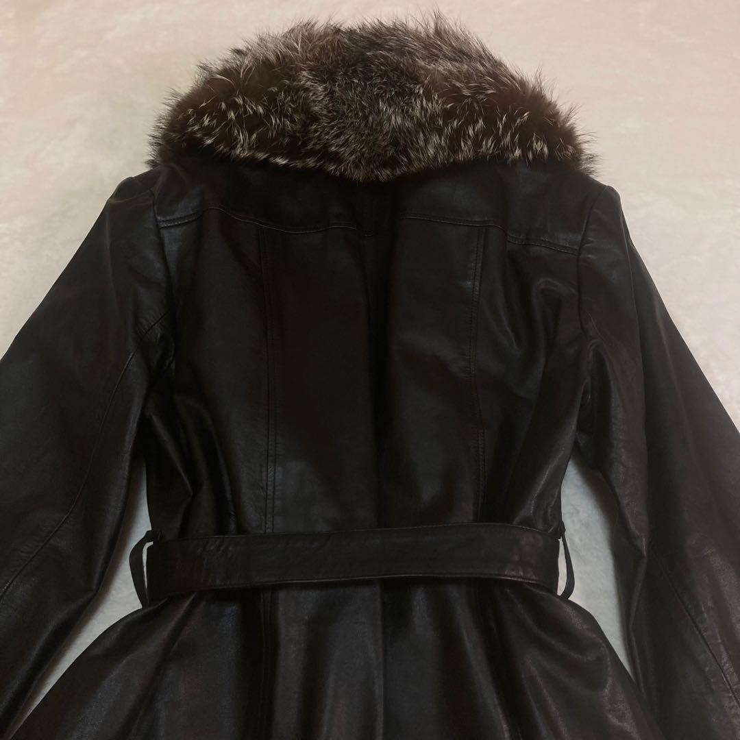 パンプキン✨ レザーコート　ロング　牛革　フォックスファー　ベルト付き